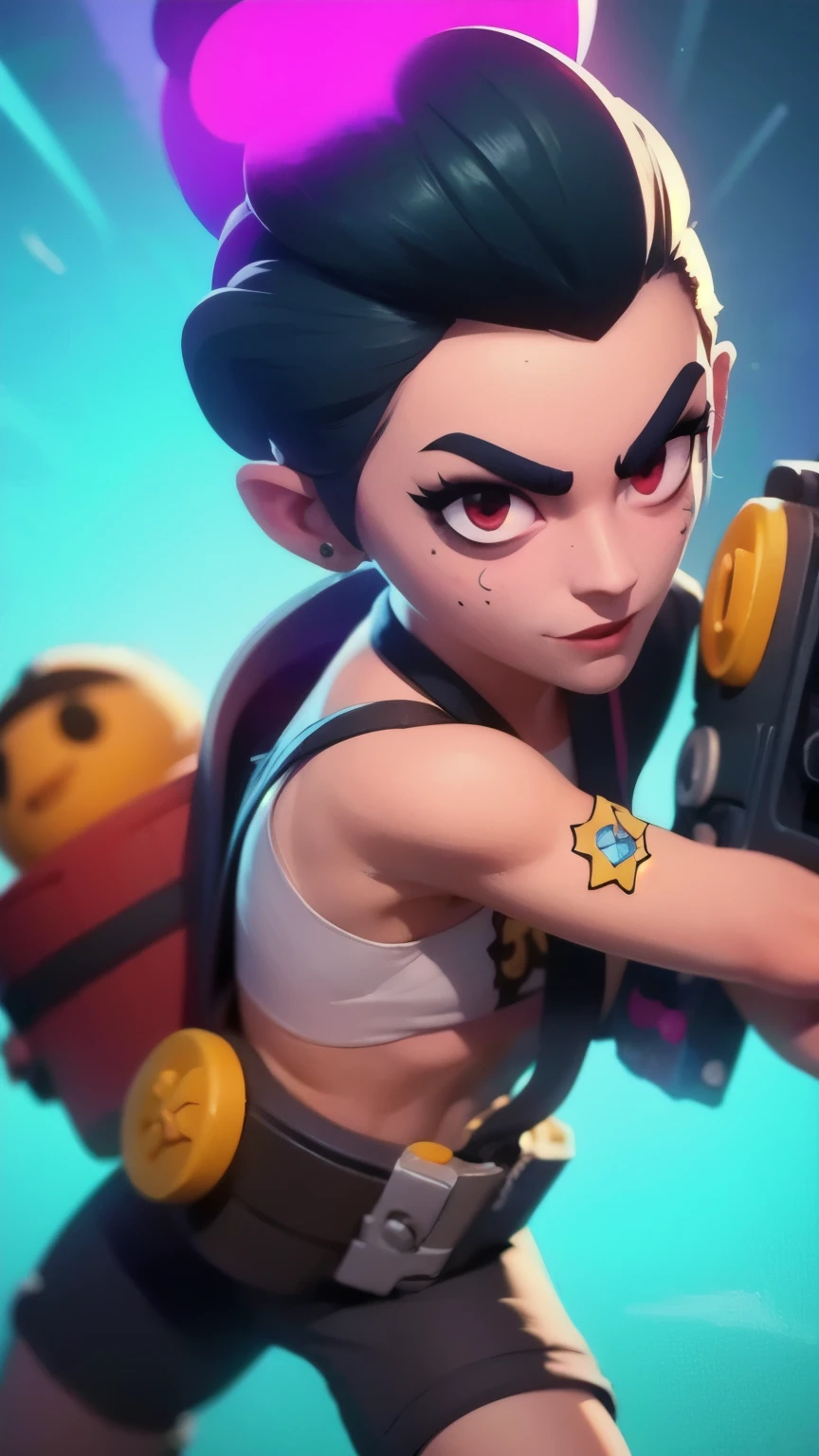 a close up of a person holding a gun and a flashlight, ((wearing a Jinx costume)) , brawl stars, splash art brawlstars, epic art style, blaster fire bright as neon, game character, in game style 8k, merged character, fortnite art style, stylized character, holding a blaster, slick clammy skin, clash royal style characters, mobile game style, new character