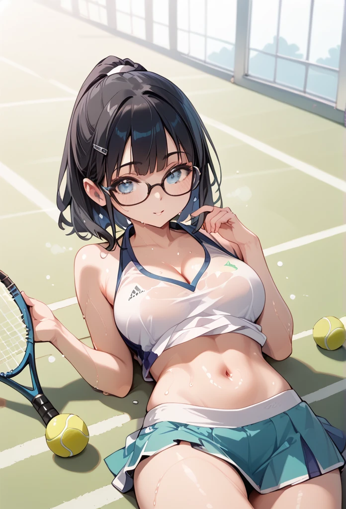 Black hair, glasses, tennis wear, sweaty, lying on the tennis court on his back