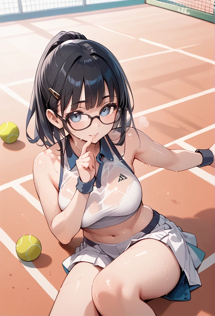 Black hair, glasses, tennis wear, sweaty, lying on the tennis court on his back