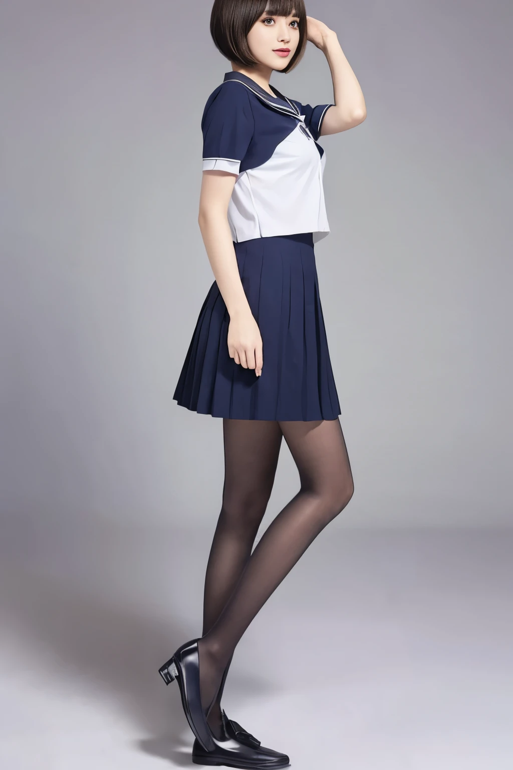 navy blue sailor suit for 、 Japanese high school girl、 high school uniform 、 miniskirt、 pleated skirt、 length short skirt 、( Wavy Hair :1.2)、( Medium Bob Cut :1.3)、 dark eyes、cute、 beauty、、(A plump body,Medium)、 beautiful body line、 beautiful hip line 、 emphasizes hip line、 black tights 、 black tights、20 denier tights 、Sheer tights、 beautiful legs、 brown loafers、 full body photo、Photograph the whole body、 photorealistic、 shot from the side、 Side View Composition