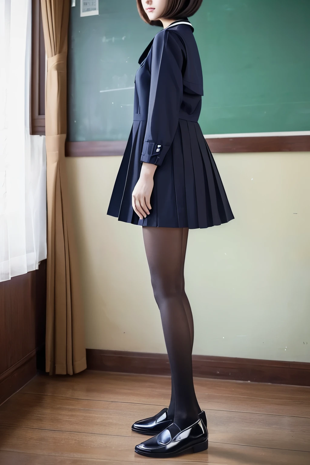 navy blue sailor suit for 、 Japanese high school girl、 high school uniform 、 miniskirt、 pleated skirt、 length short skirt 、( Wavy Hair :1.2)、( Medium Bob Cut :1.3)、 dark eyes、cute、 beauty、、(A plump body,Medium)、 beautiful body line、 beautiful hip line 、 emphasizes hip line、 black tights 、 black tights、20 denier tights 、Sheer tights、 beautiful legs、 brown loafers、 full body photo、Photograph the whole body、 photorealistic、 shot from the side、 Side View Composition