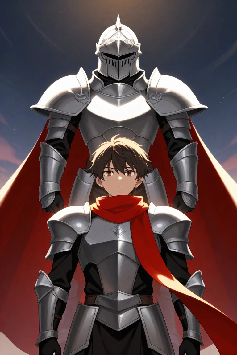 A dark red middle lengthed haired, mixed race, cat like brown eyes, 25 year old knight. Tall, male, Anime style. Wears shiny silver armour, and scarf.