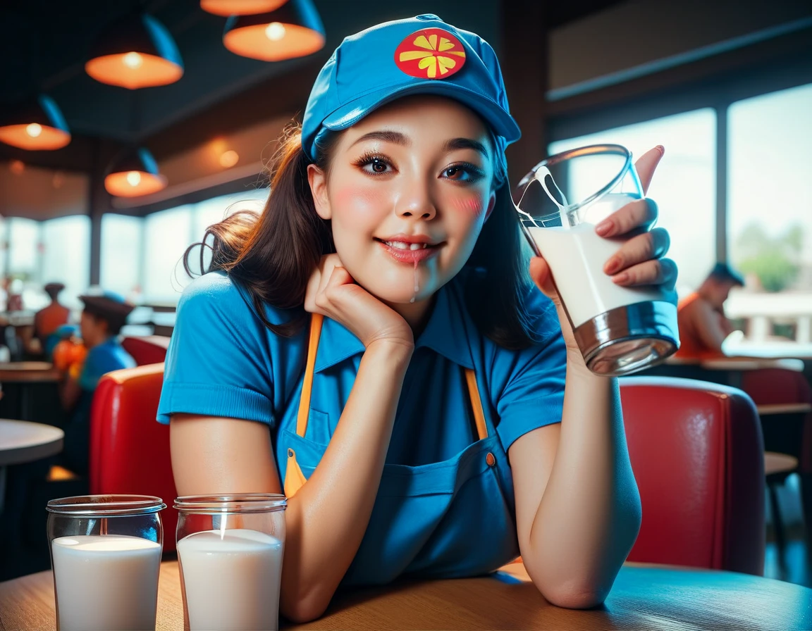 cute petite brunette woman in fast food worker outfit, blue hat, blue apron, blue shirt, big boobs, seductive expression, drooling, red cheeks, blushing, large brown eyes, black eye liner, brunette hair, sexy, cute, busty, massive breasts, leaning over table holding glass of milk, restaurant background, realistic, extremely detailed