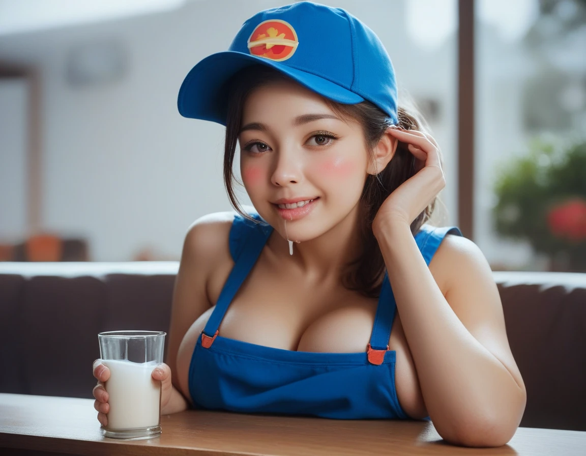 cute petite brunette woman in fast food worker outfit, blue hat, blue apron, blue shirt, big boobs, seductive expression, drooling, red cheeks, blushing, large brown eyes, black eye liner, brunette hair, sexy, cute, busty, massive breasts, leaning over table holding glass of milk, restaurant background, realistic, extremely detailed