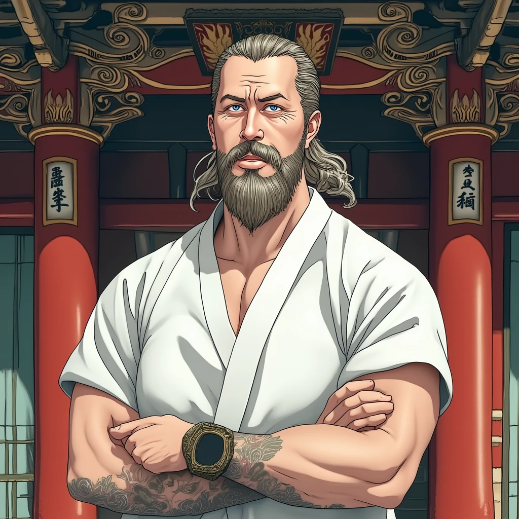 (High quality, masterpiece, Japanese anime, two-dimensional, beautiful eyes, extremely detailed background, 8k wallpaper, extremely detailed face) Uncle, slightly chubby body, strong muscles, beard, hopeful eyes, bright eyes, blue eyes, mature and steady, sophisticated, white short sleeves, Onmyoji portrait, Miyamoto Musashi, detailed anime character art, background for pavilion