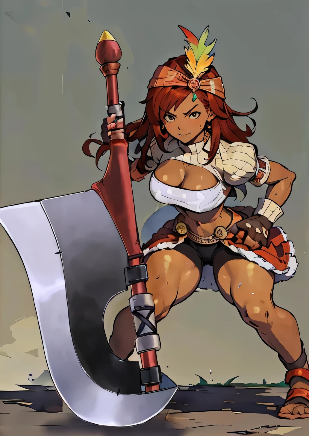 masterpiece, best quality, ff9lani, dark skin, bandana, feather hair ornament, turtleneck, cleavage, puffy sleeves, bandeau, ((red overskirt)), short shorts, gloves, large breasts, , (thick thighs:1.6) ((wide hips)) (narrow waist:1.4) ((toned body)) ((muscular female)) shinny skin, sweaty, sweat, sweat drop, shredded abs, atheltic body, redish-brown hair, sexy, ,full body, , golden tan skin, thigh gap, underboobs, (wielding huge axe in front of her:1.6) leaning forward, hand on hip, leg behind axe, from above