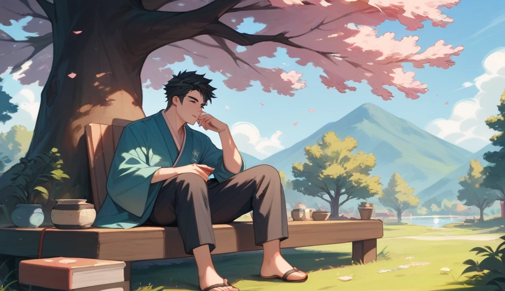 a guy in a kimono sits sideways under a tree