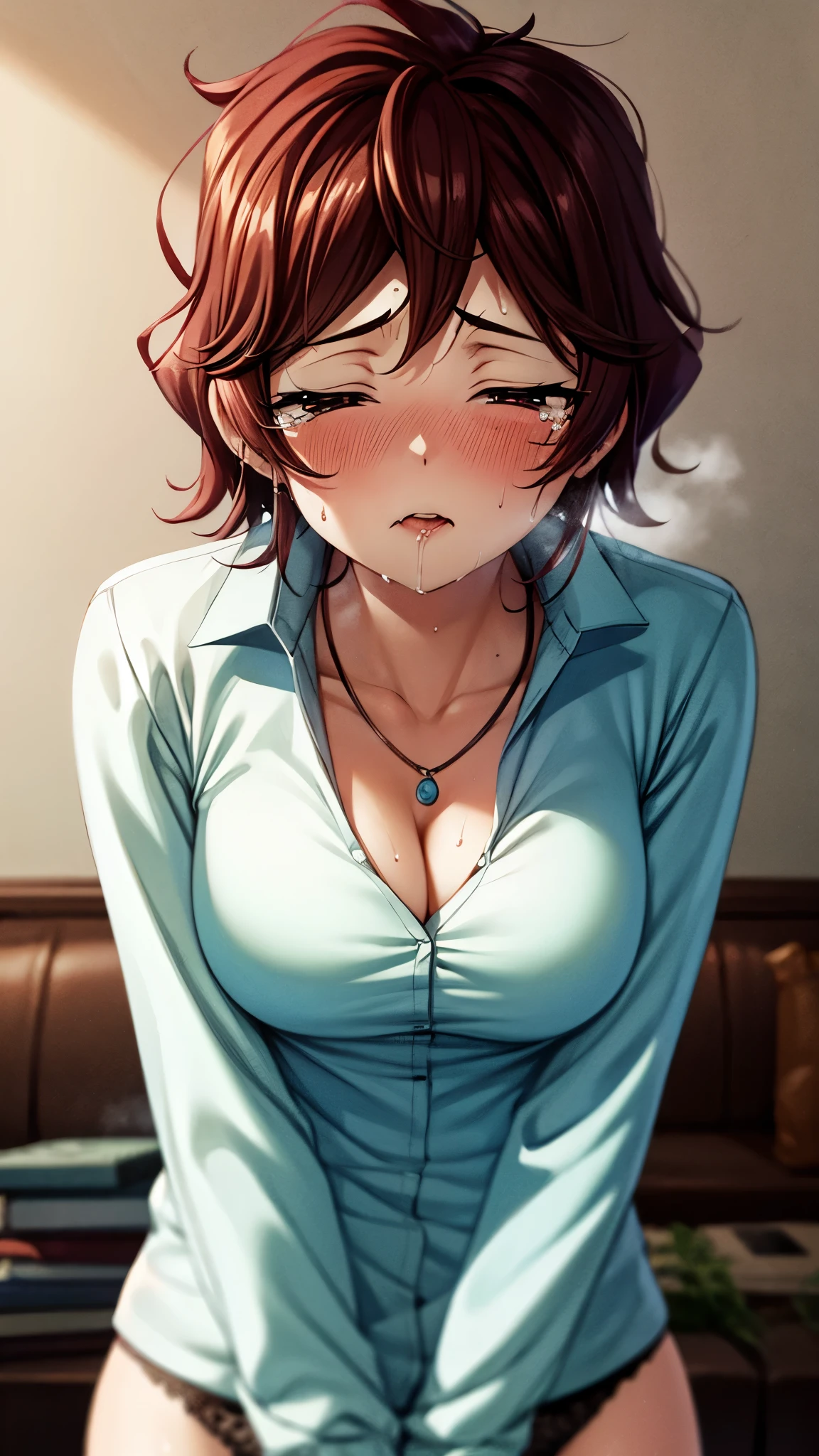 （ super high quality , super high res,16k,super masterpiece,Ultra HD ,Detailed shading and background,）A sexy married woman is looking up,Naked white shirt with big collar, cleavage, only black panties on the lower body, necklace,Thick lips,A small amount of drooling,tears, sweaty,blush,The living room is dim at night ,Love juice,