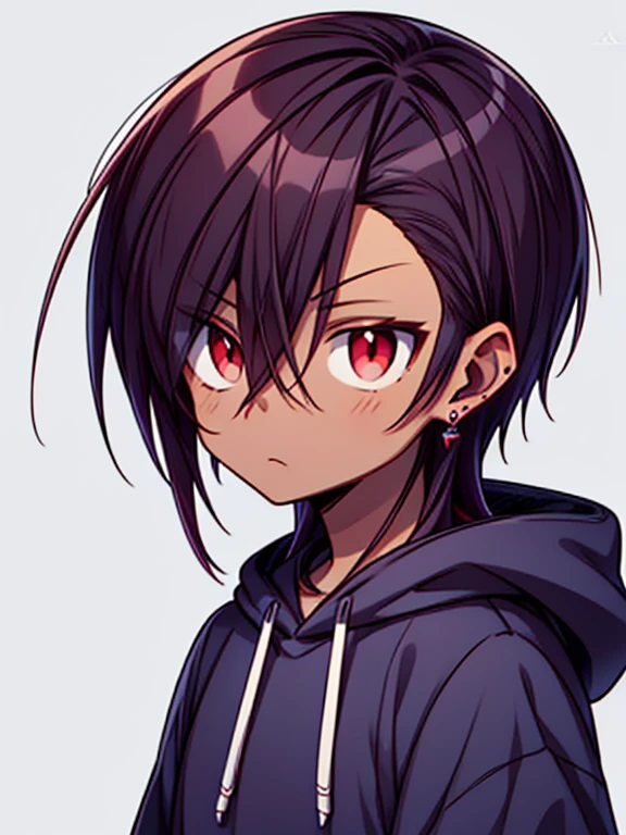 dark skin, male, medium dark brown hair, big red eyes and a very  androgynous face, wearing a black hoodie,