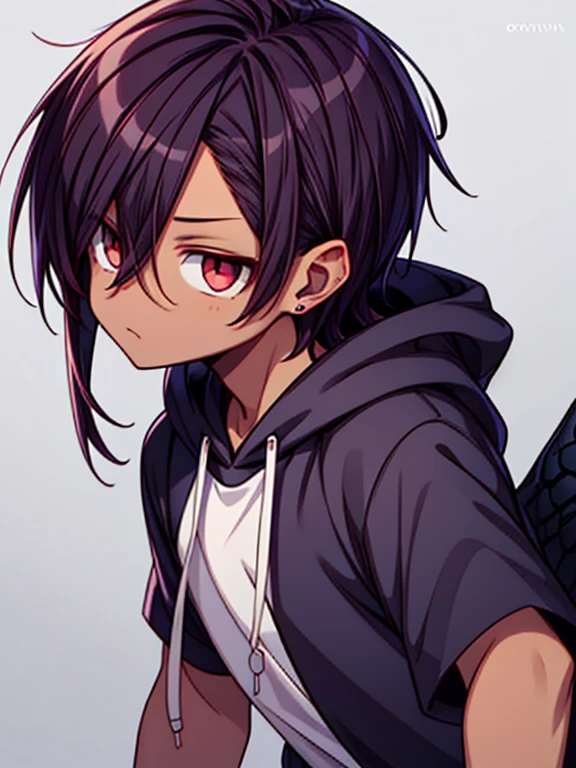 dark skin, male, medium dark brown hair, big red eyes and a very  androgynous face, wearing a black hoodie,