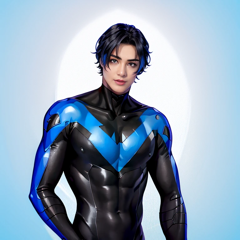  nightwingsuit, cute young man ,  sexy body ,  tall , Shiny black hair, upright, 