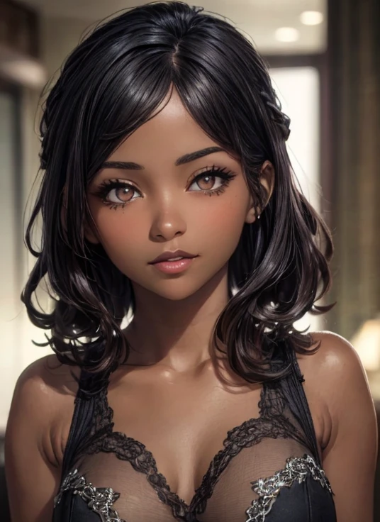 (masterpiece:1.3), (  top quality: 1.4), 
  3D illustration of a sexy slim fit woman with big breasts in her 20s drawn by  , 
( １ girls with light makeup),   beautiful faces, (  realistic face), 
 ( beautiful hairstyle :1.8) , (Curly Hair)
  Real Eyes ,   beautiful detailed eyes , 
(  real skin ),   Beautiful skin, 
(blouse), 
  absurd,  Charming, 
   Ultra High Resolution,   super real ,   very detailed, ((Dark skin tone:1.4))