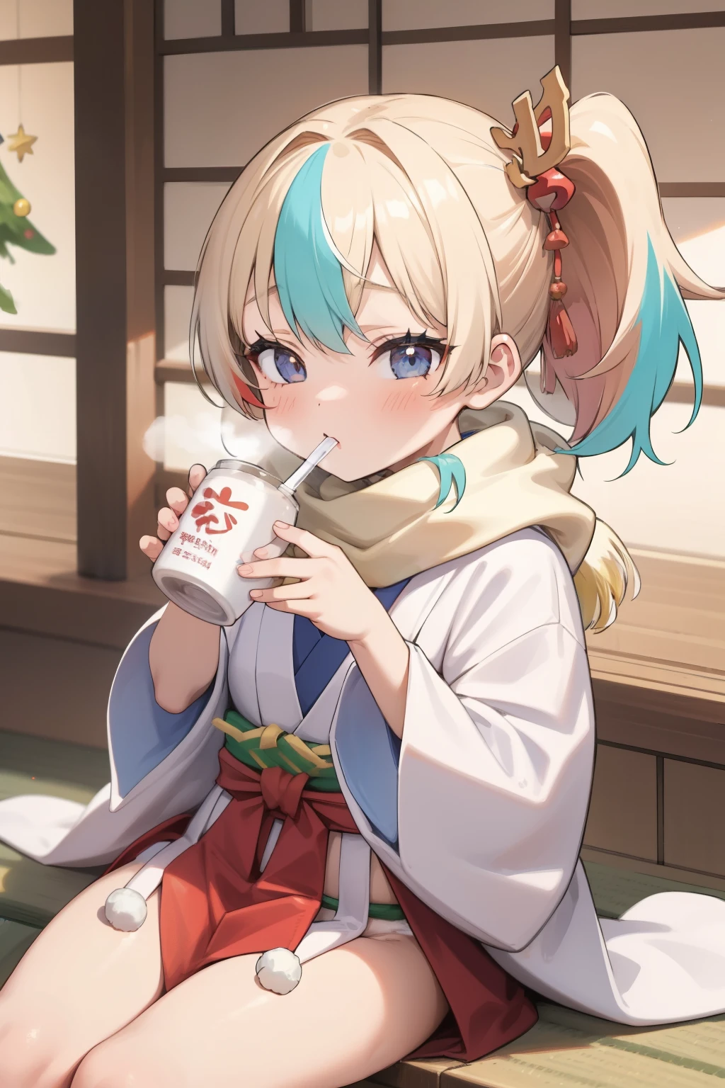 (   Japanese   )，   young girl，   cute loincloth  ，  Japanese   festival，Bleaching， warm scarf ，I saw the world，Urine stains，(  Side Pony,     colorful hair)，   Christmas，  Christmasツリー，Drinking Amazake ，