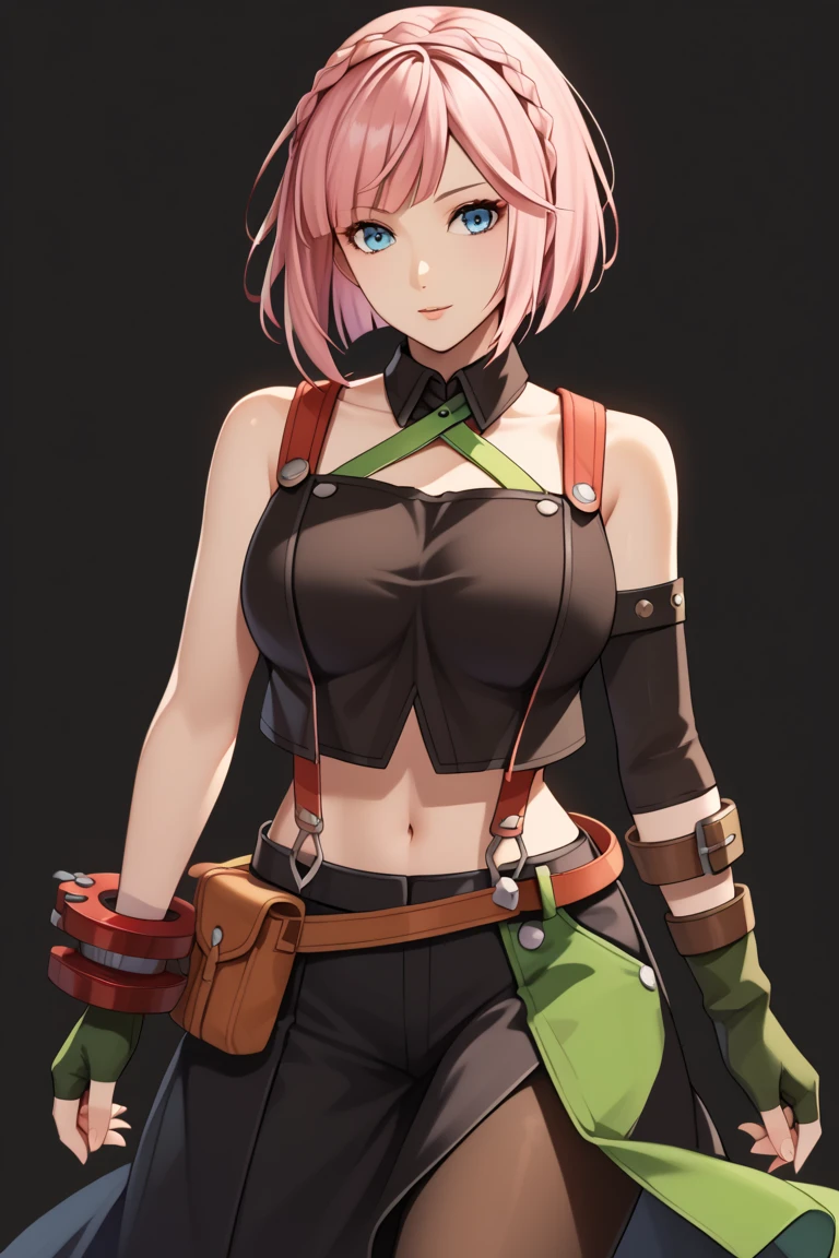 score_9, score_8_up, score_7_up,score_6_up, score_5_up, score_4_up , 1girl, solo, stGE, black hair, bob cut, blunt bangs, red eyes, large breasts, cleavage, crop top, black shirt, bare shoulders, criss-cross halter, arm ribbon, green ribbon, bracelet, green gloves, asymmetrical gloves, midriff, belt, pouch, black skirt, long skirt, frilled skirt, defKan, short hair, pink hair, crown braid, blue eyes, green pinafore dress, turtleneck, bare shoulders, arm warmers, black gloves, single glove, fingerless gloves, red bracelet, black pants, alisage, 1girl, anime coloring, solo, long hair, white grey hair, blue eyes, collared sleeveless cropped vest, red ge bracelet, underboob, large breasts, navel, suspender skirt, skirt,suspenders, neck x ribbon, asymmetrical fingerless gloves, elbow gloves, miniskirt, pantyhose, flirting, cowboy shot, simple background 