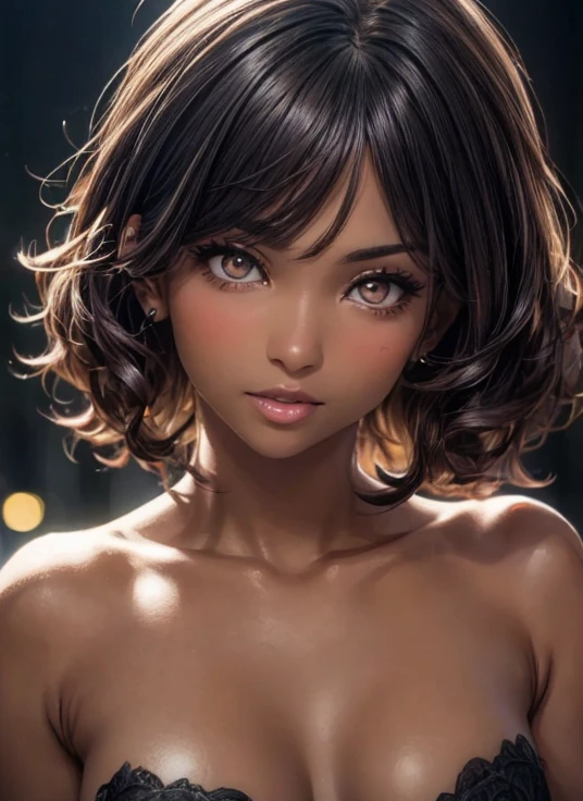 (masterpiece:1.3), (  top quality: 1.4), 
  3D illustration of a sexy slim fit woman with big breasts in her 20s drawn by  , 
( １ girls with light makeup),   beautiful faces, (  realistic face), 
 ( beautiful hairstyle :1.8) , (Curly Hair)
  Real Eyes ,   beautiful detailed eyes , 
(  real skin ),   Beautiful skin, 
(blouse), 
  absurd,  Charming, 
   Ultra High Resolution,   super real ,   very detailed, ((Dark skin tone:1.4))