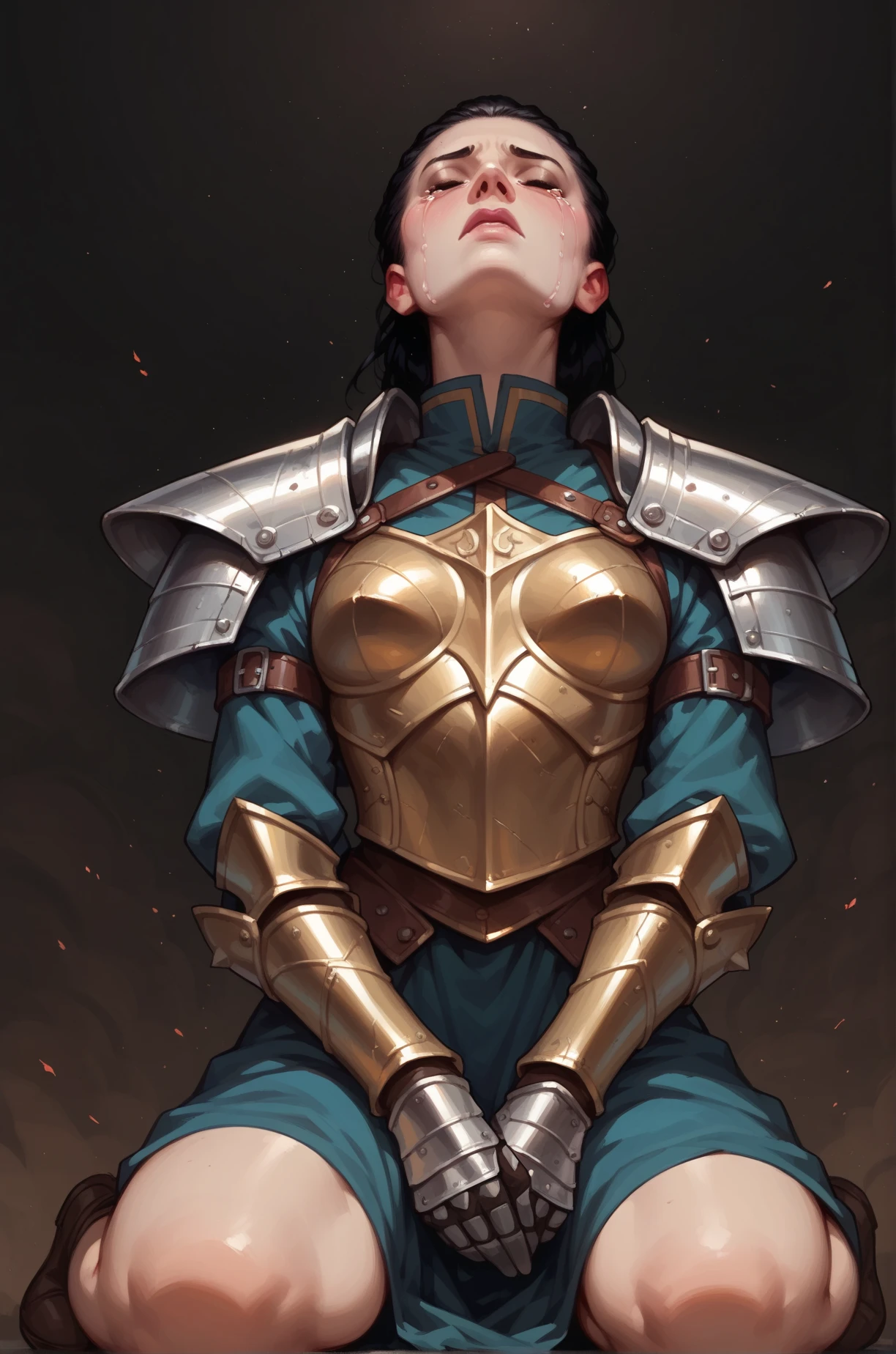 score_9, score_8_up, score_7_up, cartoon of a girl, solo, pale skin, eyes closed, black hair, hair slicked back, small breast, Warrior woman kneeling on the desolate earth, intricate dark armor, crying, front view, low view, dark background