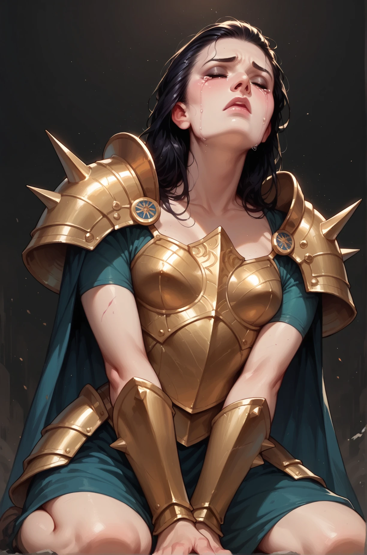 score_9, score_8_up, score_7_up, cartoon of a girl, solo, pale skin, eyes closed, black hair, hair slicked back, small breast, Warrior woman kneeling on the desolate earth, intricate dark armor, crying, front view, low view, dark background