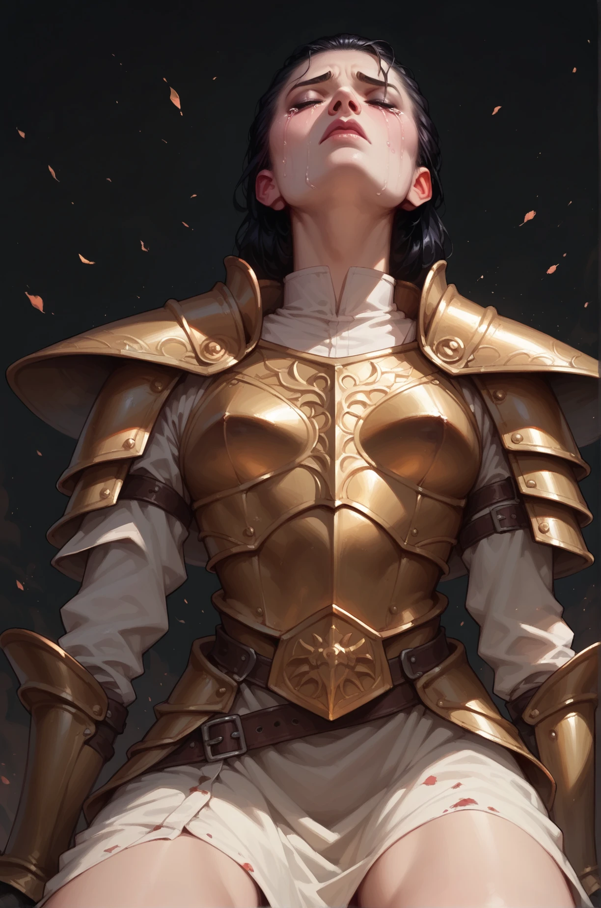 score_9, score_8_up, score_7_up, cartoon of a girl, solo, pale skin, eyes closed, black hair, hair slicked back, small breast, Warrior woman kneeling on the desolate earth, intricate dark armor, crying, front view, low view, dark background