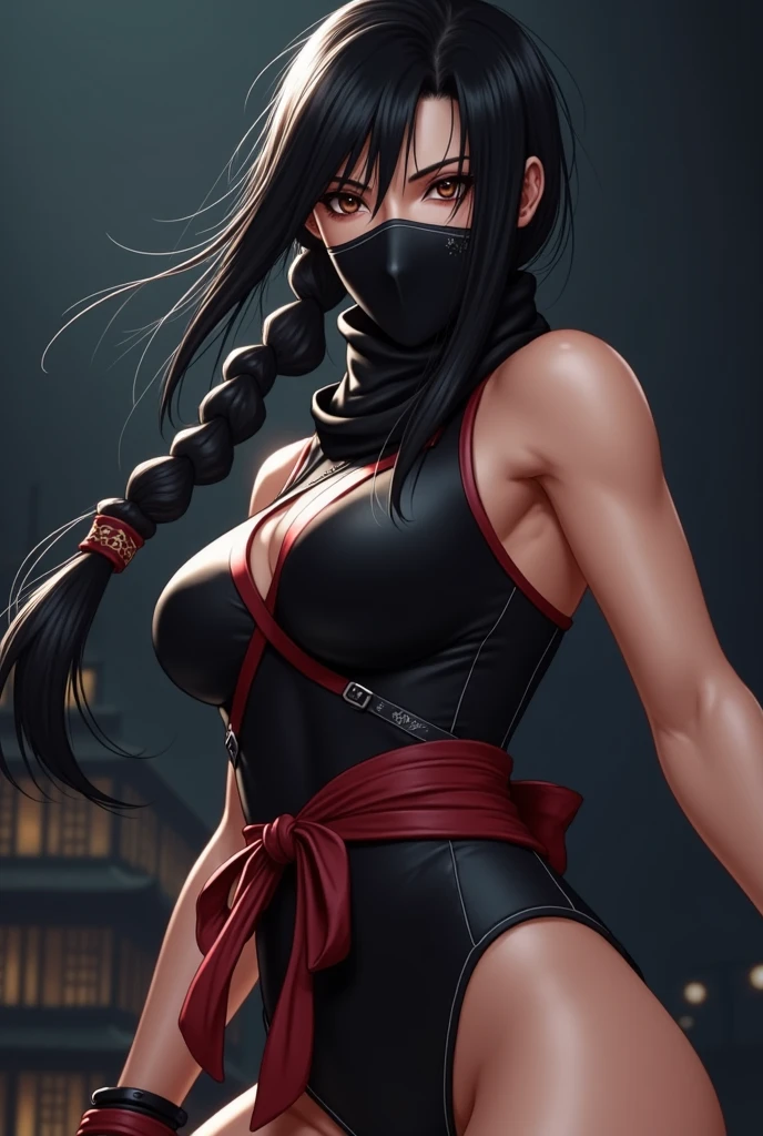 league of legends, akali, ninja, kunai, tattoos, ponytail bikini, c string, gloves, no fingers, sleeveless, huge breasts, cleavage, black hair, red eyes, wide hips, thick thighs, muscles, abs, action pose, marvel comic style