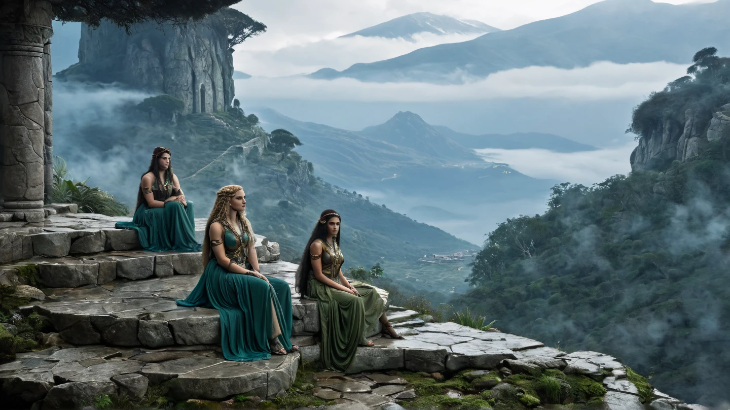 The three Gorgon sisters in their secluded home, a desolate yet serene region far from civilization; the backdrop is a misty mountain range, with Medusa sitting on a stone ledge while Stheno and Euryale watch her protectively.