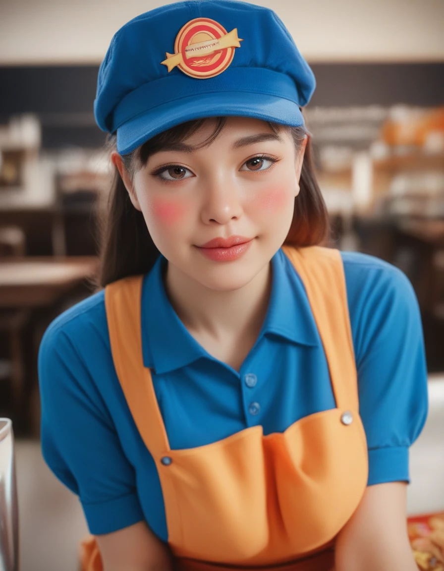 cute petite brunette woman in fast food worker outfit, blue hat, blue apron, blue shirt, big boobs, giggling, seductive look, red cheeks, blushing, large brown eyes, black eye liner, brunette hair, sexy, cute, busty, restaurant background, realistic, extremely detailed