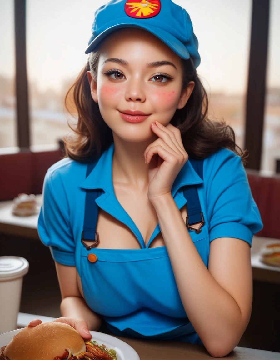 cute petite brunette woman in fast food worker outfit, blue hat, blue apron, blue shirt, big boobs, giggling, seductive look, red cheeks, blushing, large brown eyes, black eye liner, brunette hair, sexy, cute, busty, restaurant background, realistic, extremely detailed