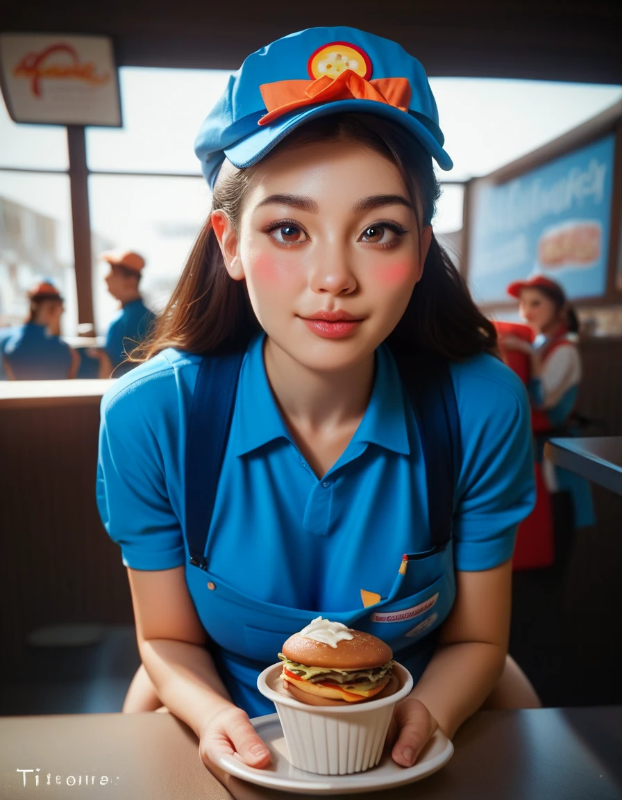 cute petite brunette woman in fast food worker outfit, blue hat, blue apron, blue shirt, big boobs, giggling, seductive look, red cheeks, blushing, large brown eyes, black eye liner, brunette hair, sexy, cute, busty, restaurant background, realistic, extremely detailed