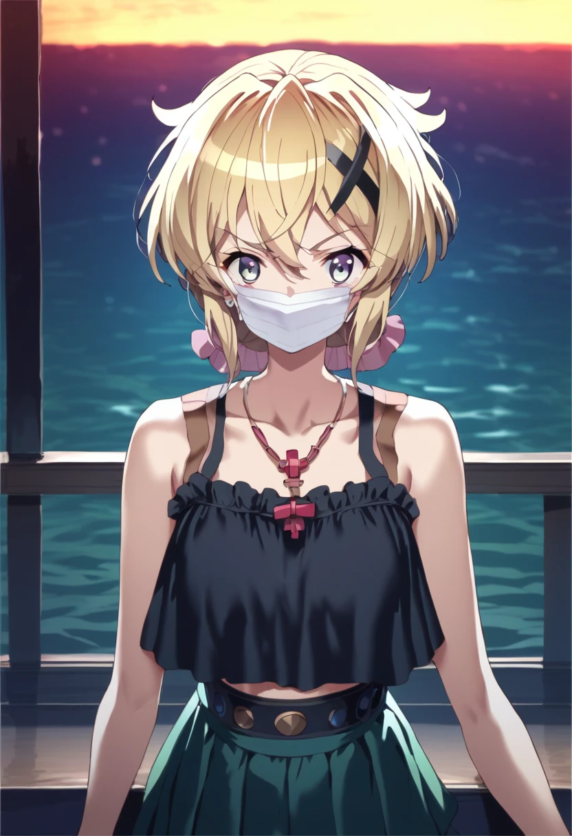 score_9, score_8_Excellent, score_7_Excellent,    Source_Anime, CorrExcellenttR, Symphogear Style , (  masterpiece top quality :1.2), ＪＫ, huge boobs at the pool in the evening,Fatty face, One Girl ,scrunchie, skirt,Alone,Inner Voice, surgical mask