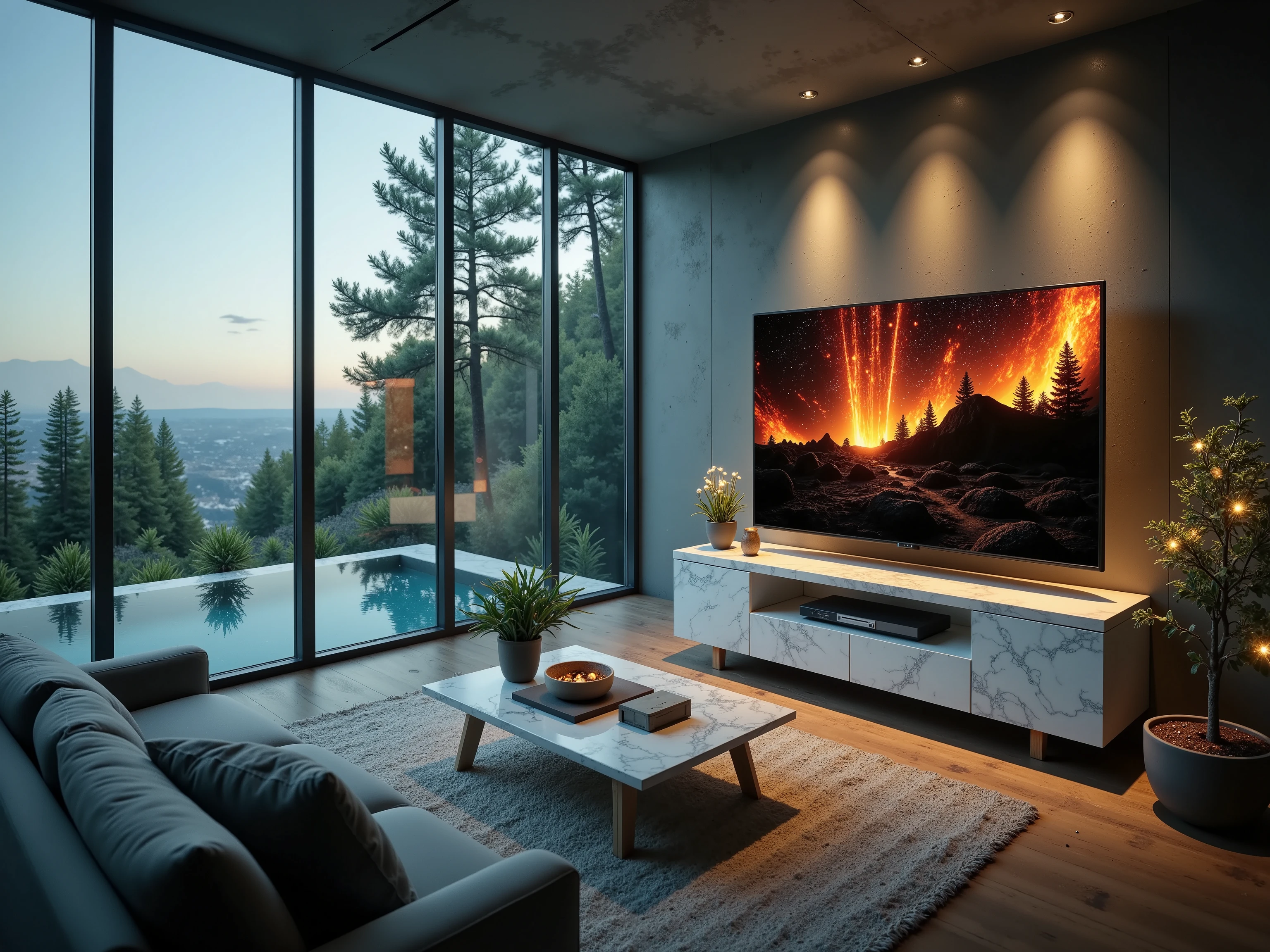 Create a photorealistic and cinematic image of a modern, luxurious living room with floor-to-ceiling glass windows showcasing a lush green landscape, a bright blue sky, and a turquoise swimming pool with modern patio furniture. The room features a sleek gray sectional sofa with cream cushions, a white marble coffee table decorated with a vase and minimalist ornaments, and polished wooden flooring reflecting soft natural light.

On the tall concrete wall, an ultra-large Micro LED TV displays a vivid volcanic landscape with glowing red lava against black rock textures under a starry night sky. The natural sunlight streaming through the windows casts soft shadows, contrasting with the TV's warm glow. Focus on realistic textures, natural light interplay, and reflective surfaces, balancing the serene outdoor view with the cozy, modern interior.