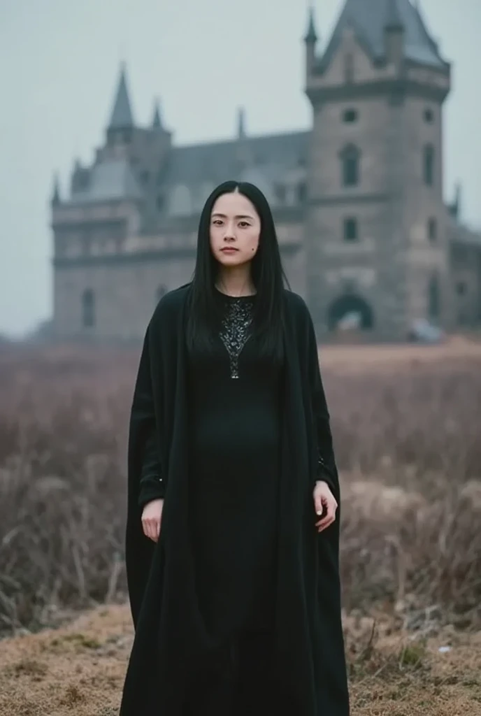 woman, solo,  a gothic ghost wrapped in a black dress 、 it makes for a slightly sad and beautiful atmosphere 。 if you add an abandoned castle and a foggy night sky to the background、It further adds to the sad atmosphere 。