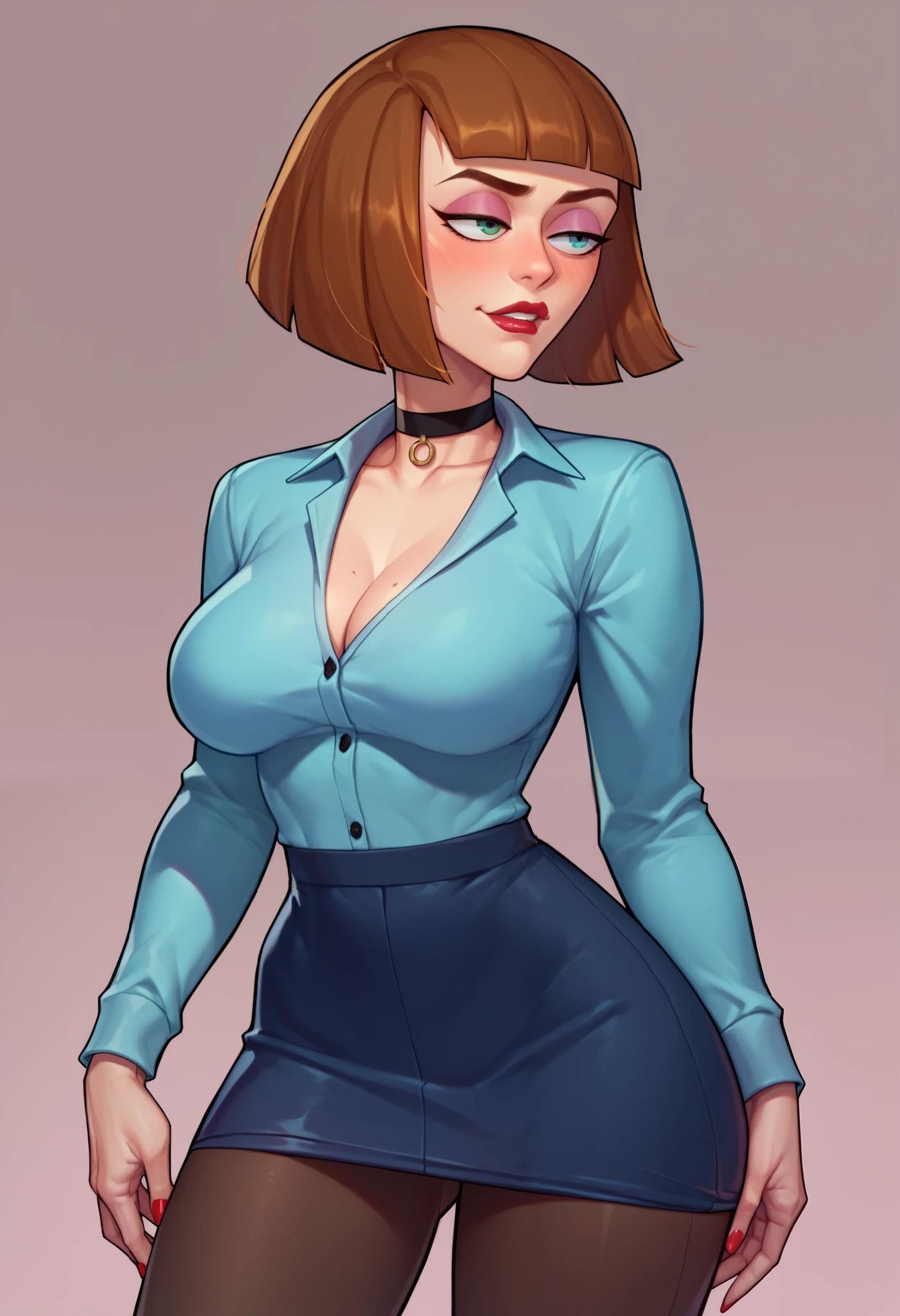 Maddie Fenton, wearing a sexy secretary outfit 