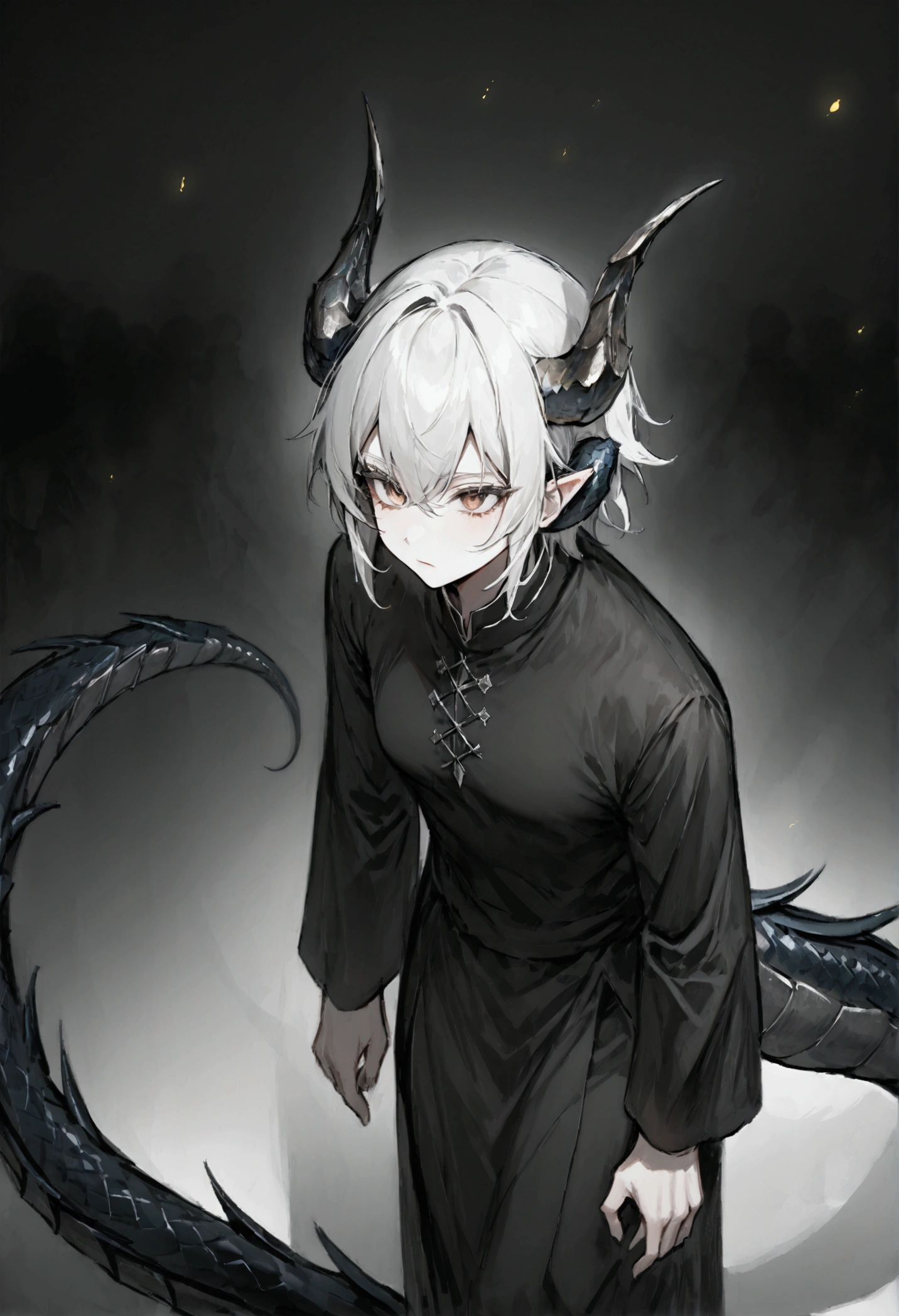 masterpiece,  The best quality, { The best quality}, {{masterpiece}}, {highres}, depressant, darkness, a man,   white hair,  shiny brown eyes , long white eyelashes , black long sleeve tunic, Dark environment, with dragon horns and a dragon's tail.