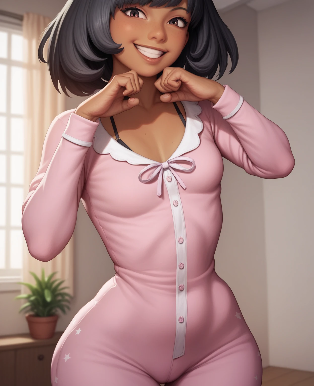 1girl,alone,(high_quality),(obra_prima),Brown skin,Adult woman, adult,, 1.69cm height, medium hips, small bust, small breasts, Short-medium hair, extremely straight hair, black hair, in a bedroom, transparent pink pajamas, tight pajamas, cute pose, smiling, detailed hair, detailed face, detailed body, detailed tits