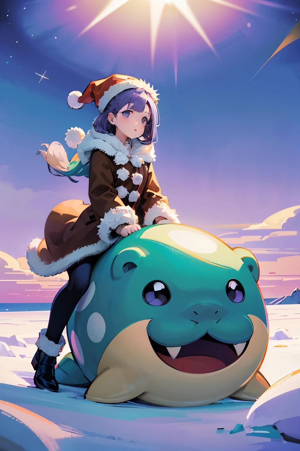 ((spheal and girl)), big spheal, Round creatures, Pokémon wearing a Santa Claus hat,  girl riding Pokémon ,  girl with light purple hair ,  girl in brown duffle coat,  anatomically correct limbs , Northern ice floes , Evening Light,  high res,  detailed description 