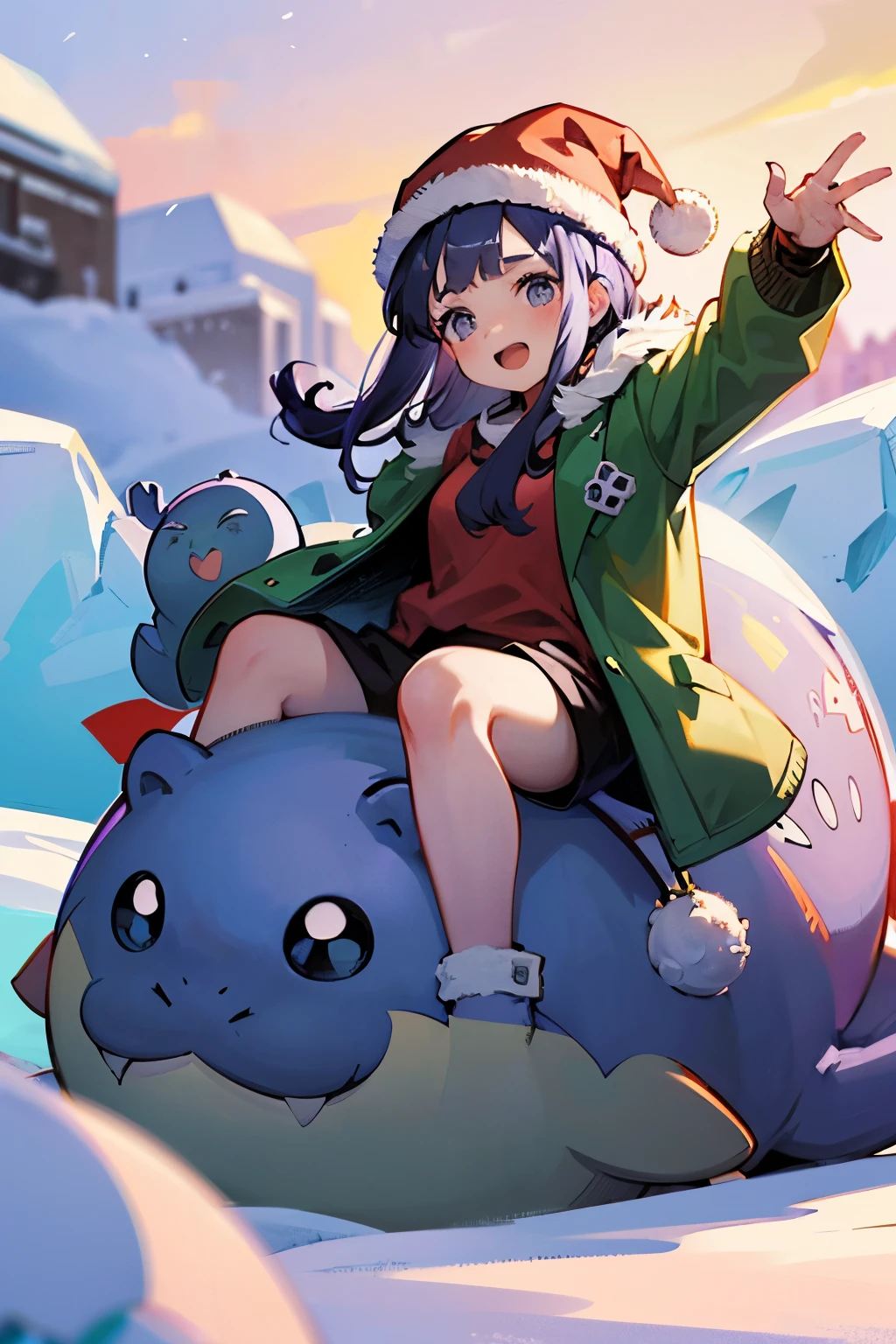 ((spheal and girl)), big spheal, Round creatures, Pokémon wearing a Santa Claus hat,  girl riding Pokémon ,  girl with light purple hair ,  girl in brown duffle coat,  anatomically correct limbs , Northern ice floes , Evening Light,  high res,  detailed description 