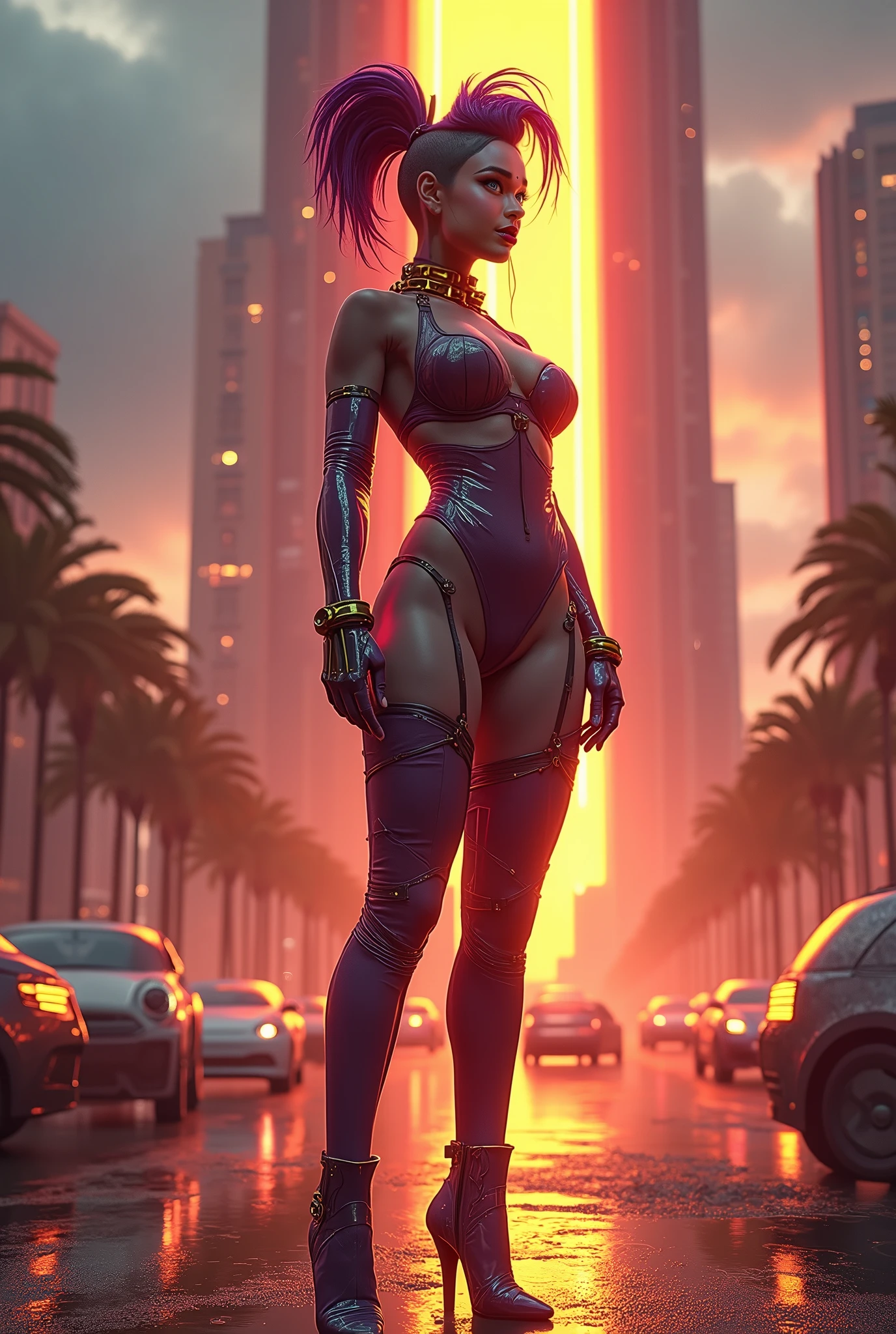 Important (Extreamly wide hips, transparent pencil dress):
Scene (background immensely massive protruding bulding filled with futuristic constructions, foreground filled with fireflies, speeding futuristic floatings cars):
Character Face (glowing pupils, make up, big lips, long eye lashes, ):
Character Body (huge tits busting out, neon glowing electric rings, neon glowing electric collar, wide hips huge ass, thicc legs, big, ass cheeks, super widest hips trapezoidal, overhang humongus butt, extremely wide hips, thin waist):
Character Hair (neon electric long asymmetrical mohawk made from wires):
Character Clothes (covered in mesh, zippers belts clasps latches buckles, translucent pencil dress, dark plum transparent full body catsuit, garter belt, underboob top, extream high heeled tight high boots on the ground, stockings, thongs):
Character Action (showing ass, holding rifle, shooting):
Camera (135mm, Canon, f/1.8, caustics, ultra-wide angle, wide shot, full shot, bokeh and flares on camera):
Scene light (strong, lighting, emphasizing curves):
Color tones(rich and vibrant colors, warm tones, saturated, contrasted):
Image quality (illustration, oil painting, digital art, photography, 8k, super detail, best quality, 8k, high details, anatomically correct, masterpiece, highres, best quality, award winning, high quality, high details, super detail, erotic art, pin-up, glamour, fine art photography):