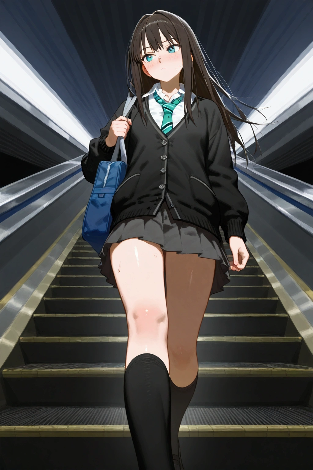 1girl,rin shibuya,black hair,long hair,black skirt, kneehighs, long sleeves,miniskirt, pleated skirt, school uniform, white shirt, wing collar,black socks,black cardigan,her holding school bag,walking,body tilt,shiny skin,blush,sweat,photography,boke,escalator,from below,back focus,dark theme,explicit, masterpiece,enhanced details,realistic,god light