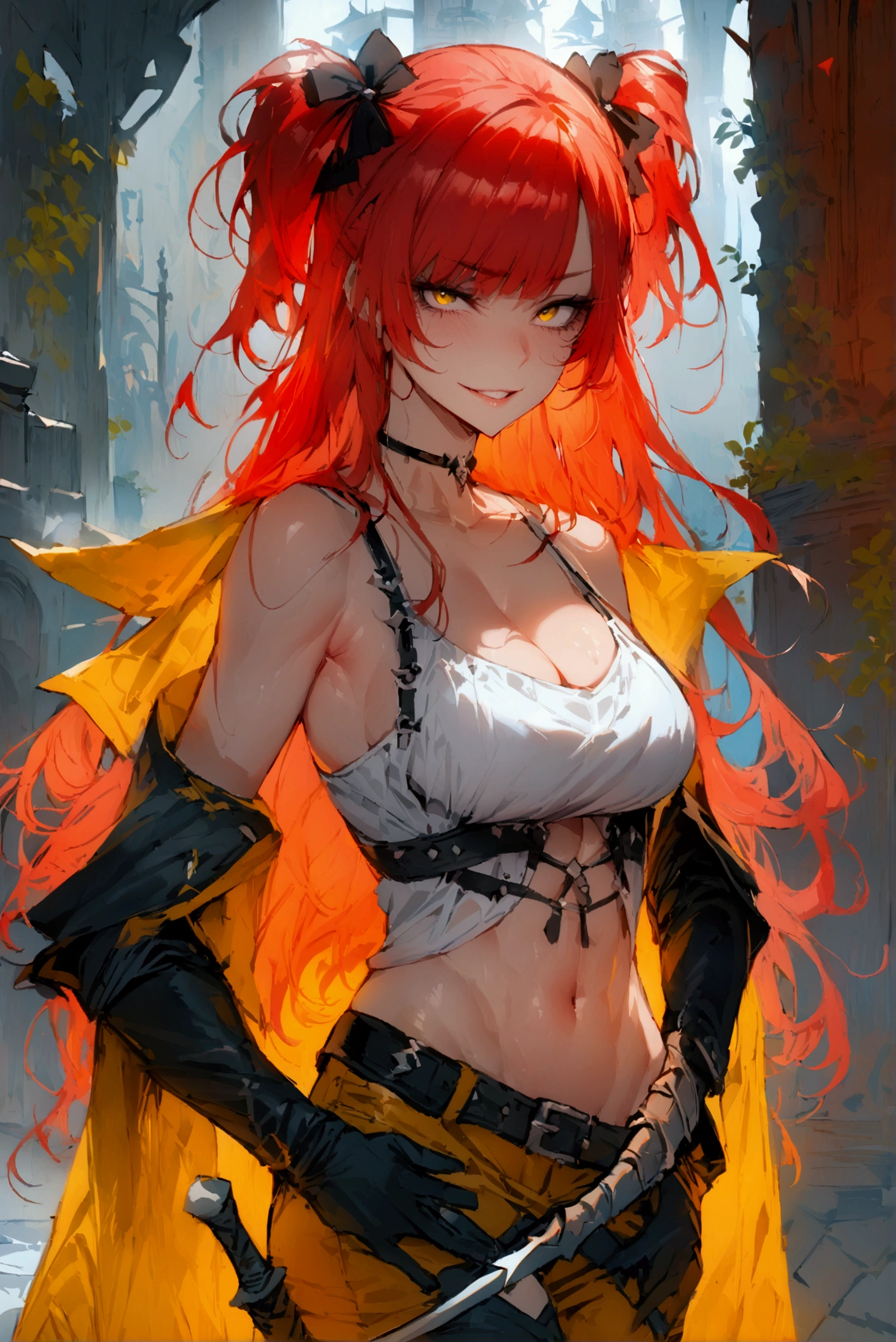 masterpiece, best quality 1girl, solo, beautiful woman, messy bangs, red hair, long hair, hair two side up by black bows , yellow eyes, grin, large breasts, toned stomach, white tank top, black coat, figureless black gloves, pants, sheathed sabre at the waist, fantasy  looking at viewer