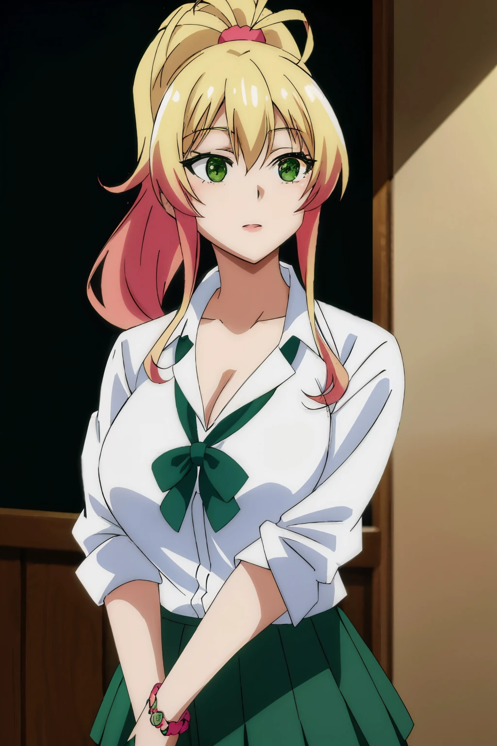 huge , yukana yame, long hair, bangs, blonde hair, hair between eyes, (green eyes:1.5), ponytail, multicolored hair, scrunchie, high ponytail, lipstick, gyaru, kogal, makeup, skirt, shirt, jewelry, school uniform, collarbone, white shirt, pleated skirt, collared shirt, miniskirt, bracelet, green skirt,