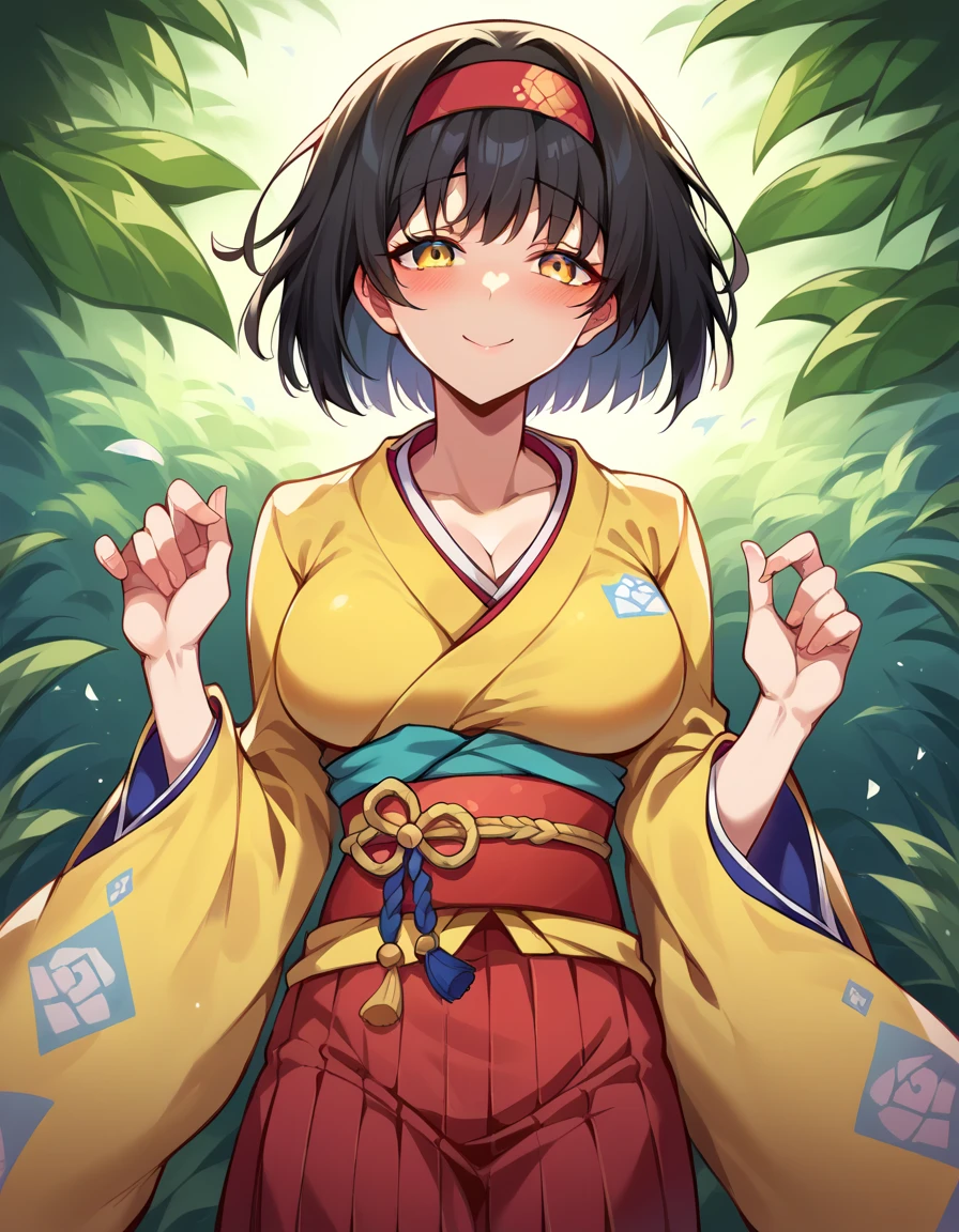 Top Quality Masterpiece High Resolution Erika, Black Hair, Yellow Eyes, Red Hairband, Beautiful Girl, Kimono, Wide Sleeves, Big Breasts, Yellow Kimono, Red Hakama, Short Hair, Blushing Love, Melodele, Dele, Shy Cowboy Shot, Yamato Nadeshiko, Smile Solo, Beautiful Hair