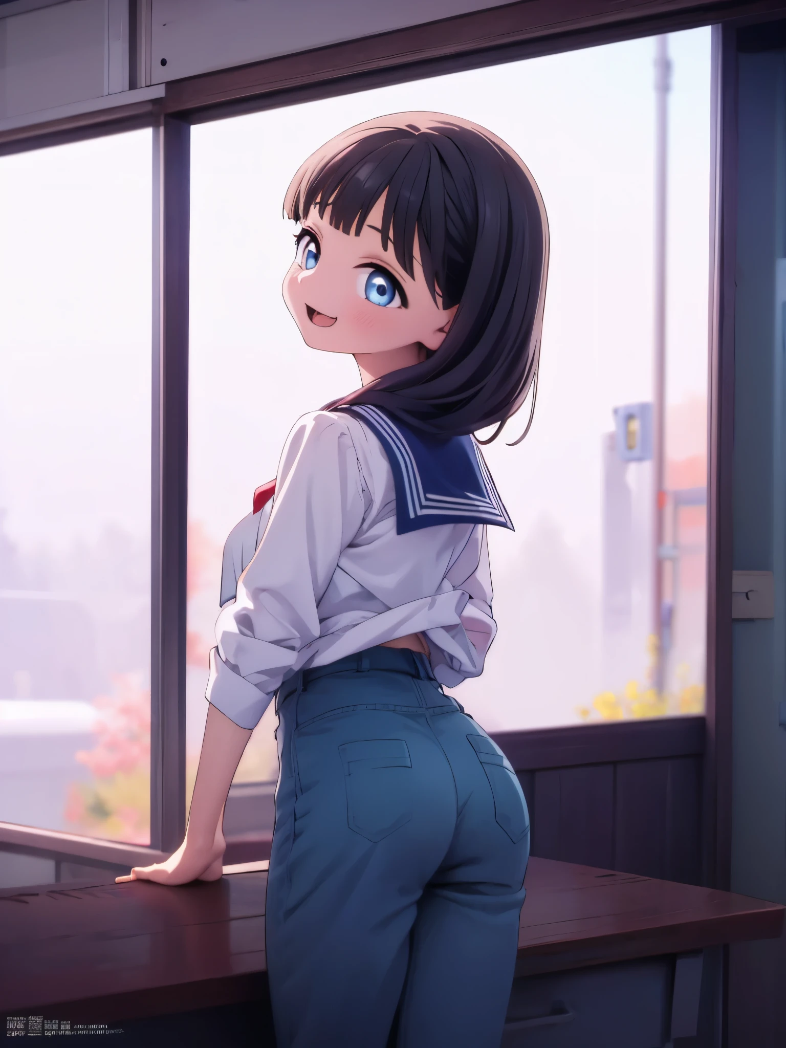 ( very detailed CG、Unity、8k wallpaper)、( extremely delicate and beautiful)、(​masterpiece)、( top quality :1.0)、(超A high res:1.0)、 beautiful lighting arranged in an orderly manner、Perfect Lightning、Realistic shadows、[ high res]、 detailed skin、 ultra-detailed 、 detailed faces and eyes、  Real Eyes 、 sharp pupils、 cowboy shot,  in the classroom、School、sunset、 Beautiful Faces 、Blurred Background、Beautiful  girl、 shiny skin、 side up、  beautiful dark hair 、blunt bangs、 blue eyes、 sailor suit、 pleated mini skirt、curve、 desk、( open legs、 I can see thin pants .:1.2)、 open your mouth and laugh、 seems happy, big smile when looking back、Accurate Fingers数量、 spread your legs、Accurate Fingers, (perfect hand,  Perfect Anatomy), is smiling at me、明日ちゃんの sailor suit、Tomorrow Alley、