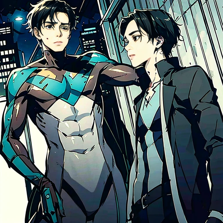  nightwingsuit, cute young man ,  sexy body,  tall , Shiny black hair, upright, 