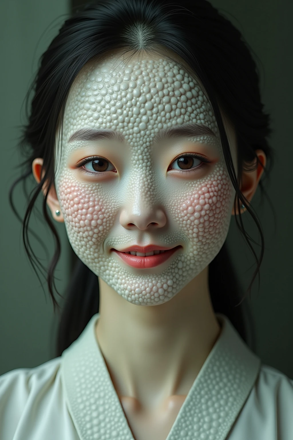 ((((upper body  shot))))),(((((Nude))))),((((nipples)))),(((sagging breasts))),Ultra-high resolution,big eyes,Japanese,(forehead),(a girl),(1 girl),((17 years old)),((cute)),pretty,earring,((facing at viewer)),smile