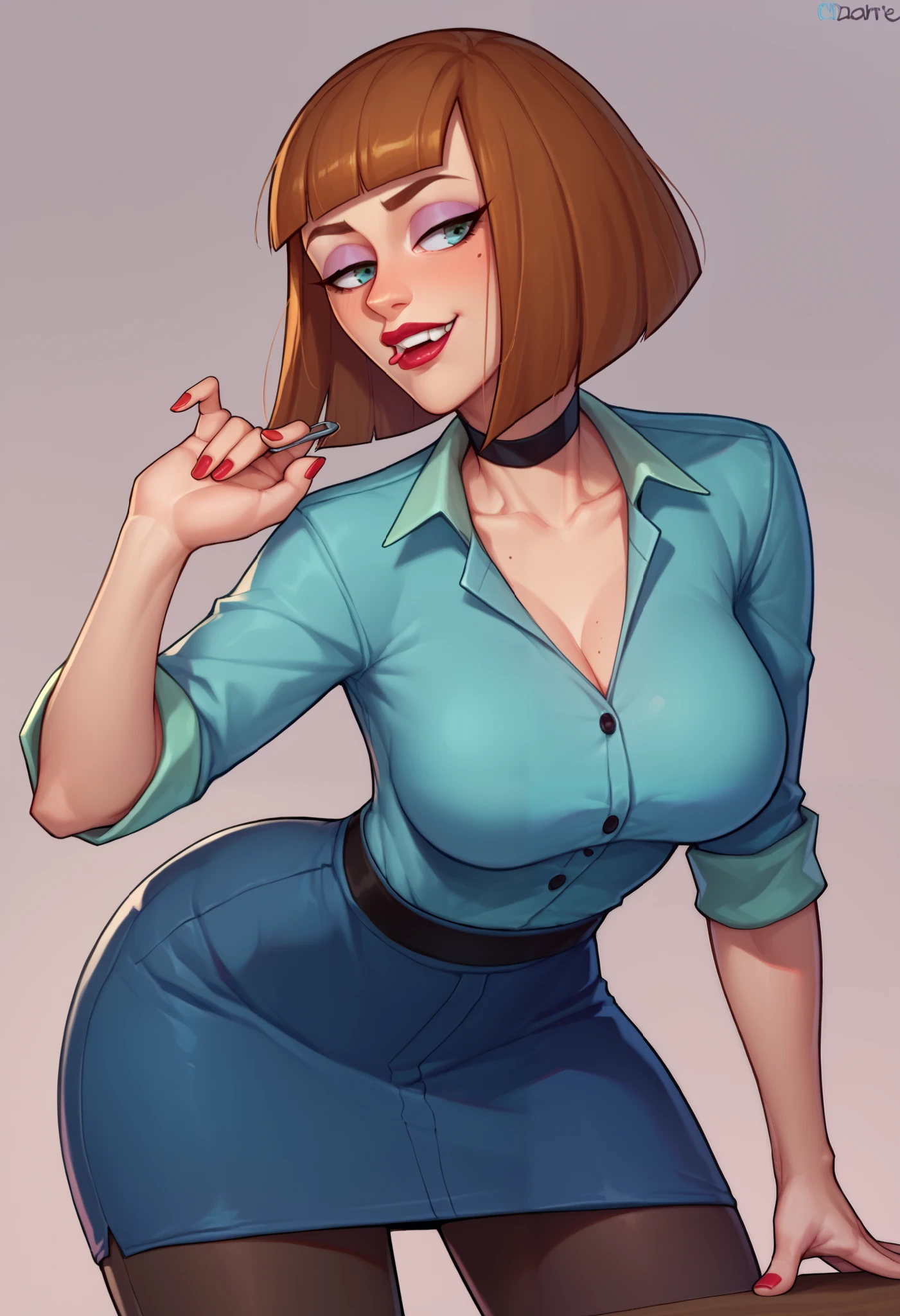 Maddie Fenton, wearing a sexy secretary outfit 