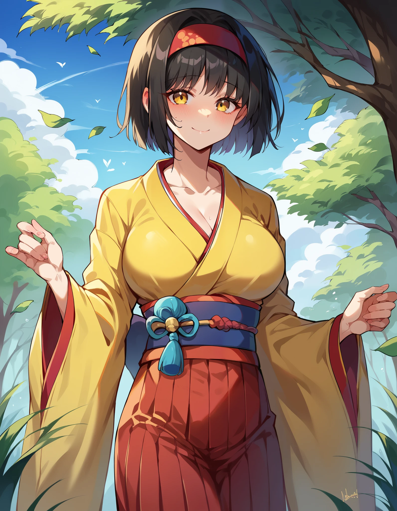 Top Quality Masterpiece High Resolution Erika, Black Hair, Yellow Eyes, Red Hairband, Beautiful Girl, Kimono, Wide Sleeves, Big Breasts, Yellow Kimono, Red Hakama, Short Hair, Blushing Love, Melodele, Dele, Shy Cowboy Shot, Yamato Nadeshiko, Smile Solo, Beautiful Hair