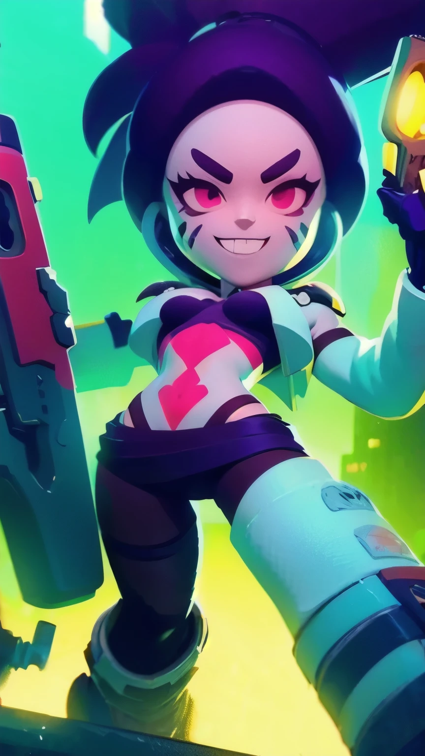 a close up of a person holding a gun and a flashlight, (a cyberpunk robot girl)) , brawl stars, splash art brawlstars, epic art style, blaster fire bright as neon, game character, in game style 8k, merged character, fortnite art style, stylized character, holding a blaster, slick clammy skin, clash royal style characters, mobile game style, new character