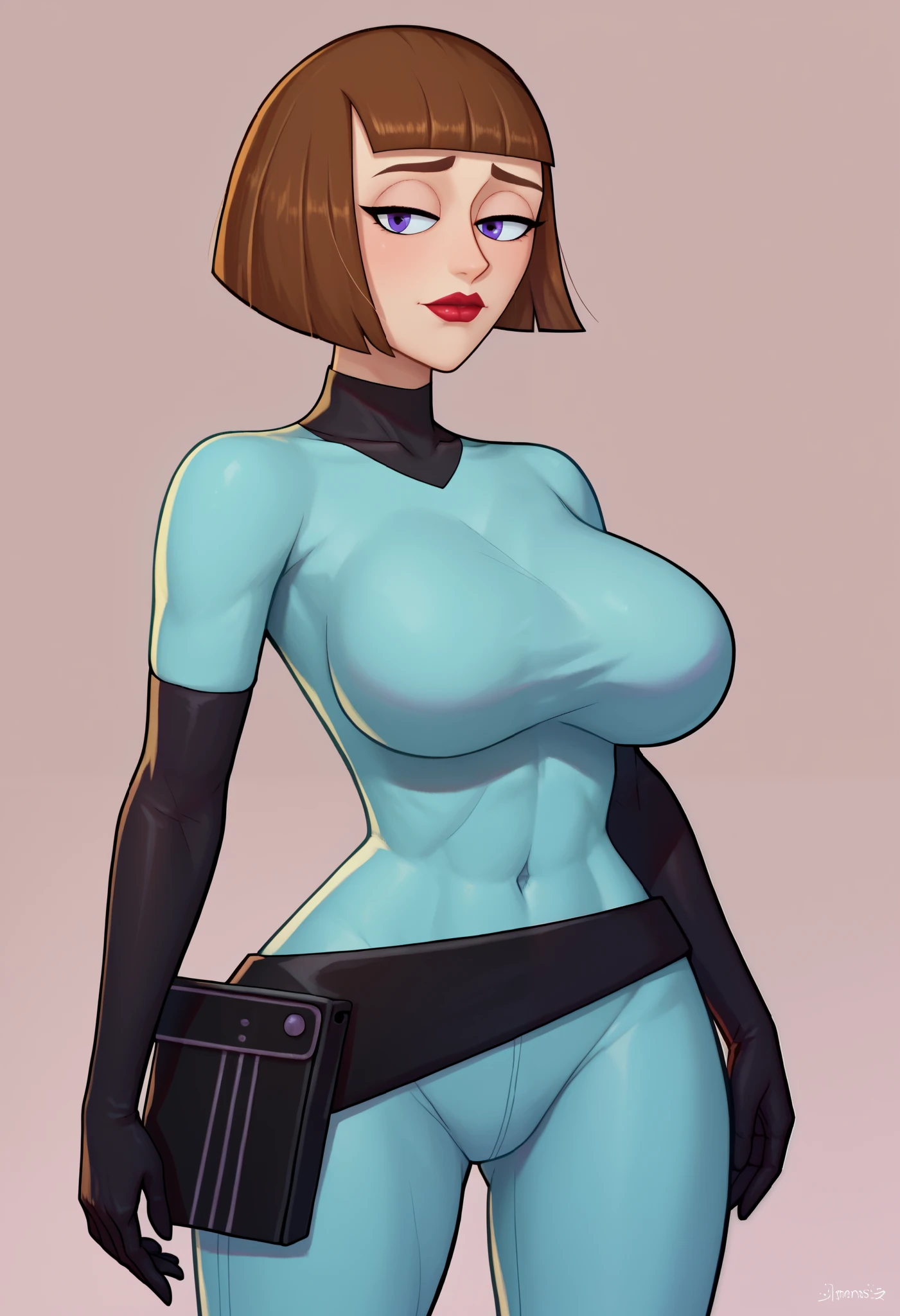   Detailed , beautiful face, Detailed  background, Detailed  face,4k, high definition ,8K,highres,Antialiasing, Detailed , texture BREAK Maddie Fenton,1 girl,Alone, Looking at the viewer, short hair, mature woman, big breasts, brown hair , purple eyes, black gloves, elbow gloves,blunt bangs,body,  with covered navel  , Turtleneck , cut bob, lipstick,tight skin,loose  belt, belt, cowboy shot , room background ,