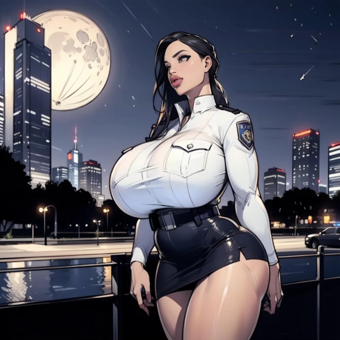 (High resolution CG), (  top quality ), (High resolution CG), (  top quality ),big miniskirt police  　    police uniform in a park with a full moon , Beauty,          plump lips   
