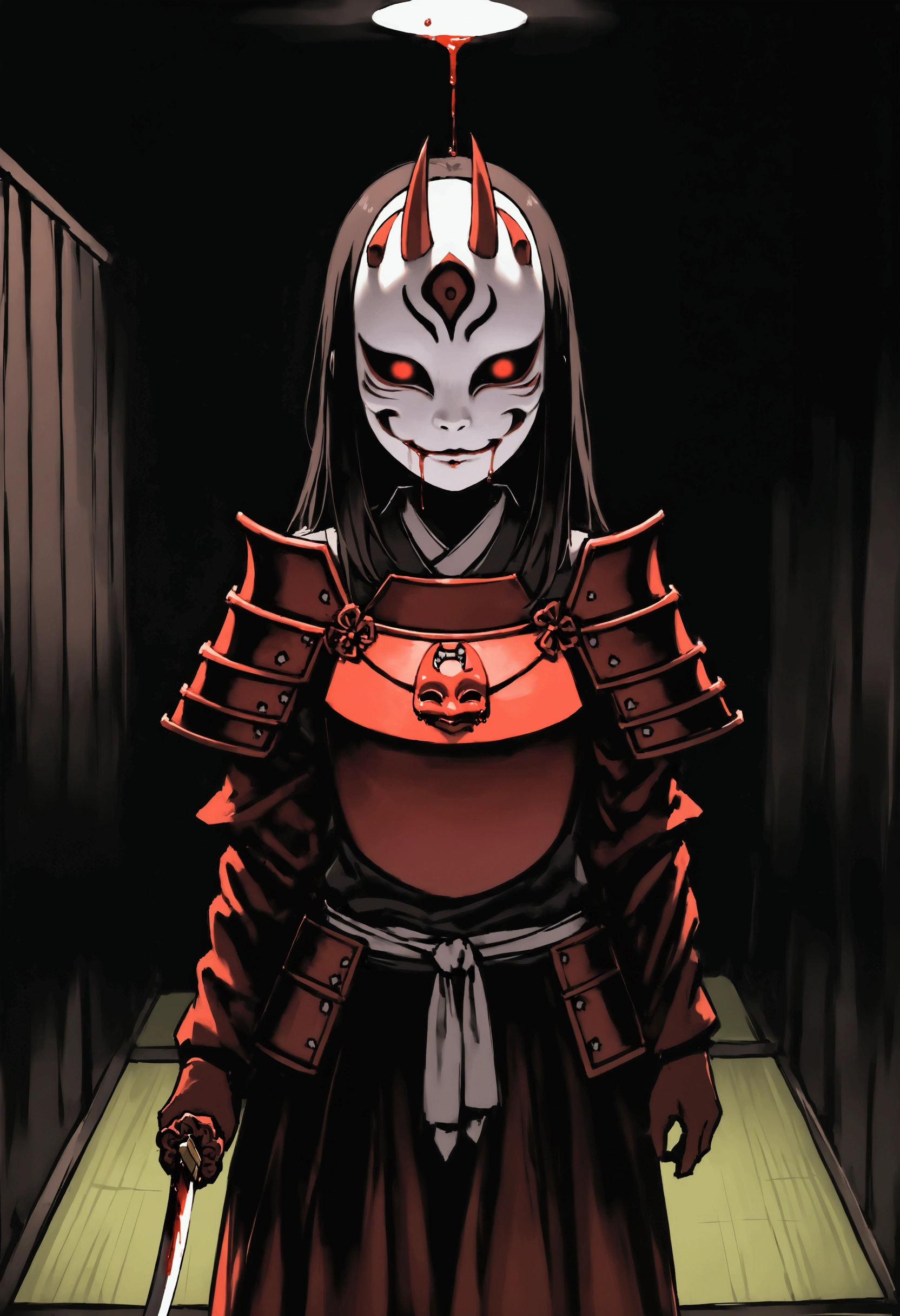 (masterpiece),(absurdres)、(Horror:1.4),alone:1.1,(Red Armor :1.2),(Hannya Mask:1.2),(Grabs Katana :1.2),(Tatami room background :1.1),cowboy shot,( blood is dripping:1.2),(in the darkness:1.4),(The Red Helm:1.2)