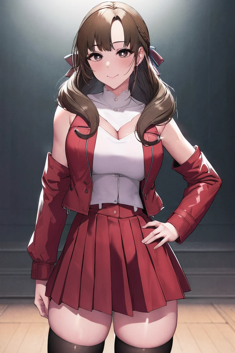 (masterpiece, best quality:1.2), cowboy shot, solo, 1girl, oosuki mamako,seductive smile, closed mouth, looking at viewer,pose, hand on hip,large breast ,hair ribbon, oosukidef, strapless, lace-up boots, military, military uniform, pleated skirt, (red jacket:1.5), skirt, thighhighs, uniform, white thighhighs, white ribbon, buttons, (sleevesless:1.5),NSFW,official art,extremely detailed CG unity 8k wallpaper, perfect lighting, (masterpiece:1.0),(best_quality:1.0), ultra high res,4K,ultra-detailed, photography, 8K, HDR, highres, absurdres:1.2, Kodak portra 400, film grain, blurry background, bokeh:1.2, lens flare, (vibrant_color:1.2),(beautiful_face:1.5),(narrow_waist),(perfect hands, perfect anatomy),